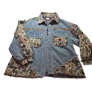 POL Denim Jacket Medium Floral Tapestry Patchwork Frayed Boho Hippie Chic